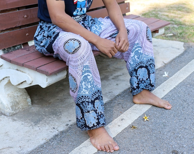 Mens Elephant Print Harem Pants: Rayon Boho Lounge Trousers