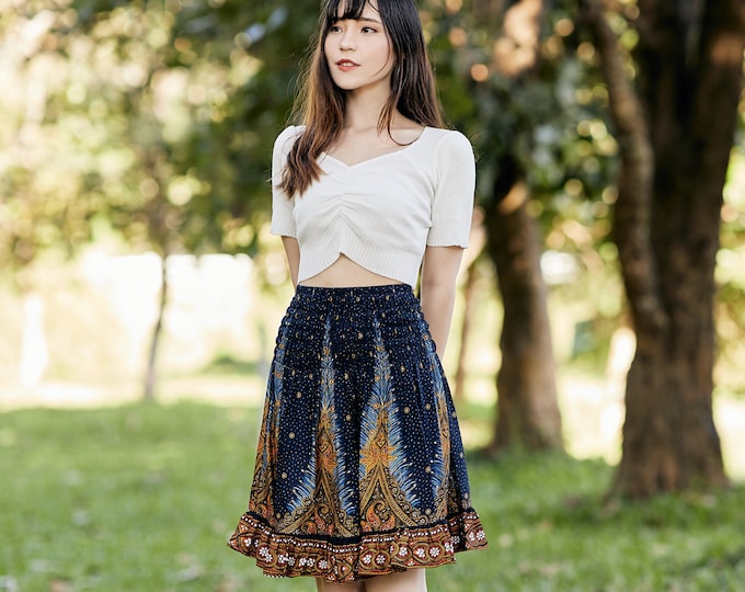 Blue Peacock Print Skater Skirt: Bohemian Rayon High Waisted Skirt