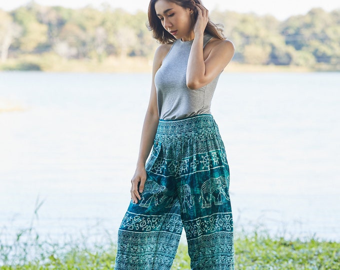 Teal Elephant Harem Pants: Boho Hippie Rayon Trousers
