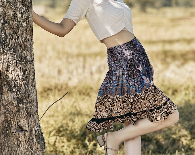 Brown Mandala Skater Skirt: High Waisted Rayon Boho Mini