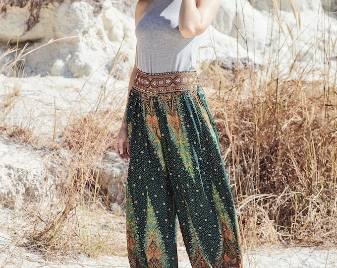 Handmade Rayon Harem Pants: Green Peacock Print Boho Trousers