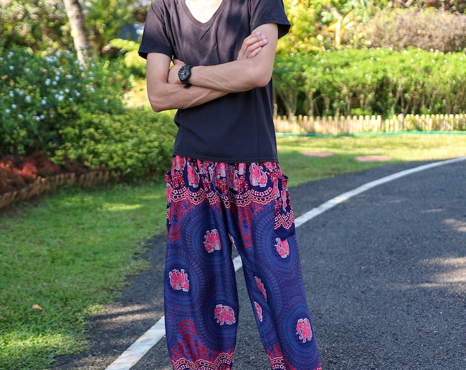Mens Dark Blue Elephant Harem Pants: Boho Yoga Lounge Wear