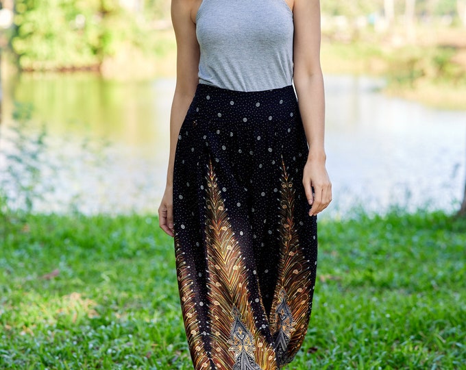 Black Rayon Harem Pants: Women's Flowy Boho Trousers