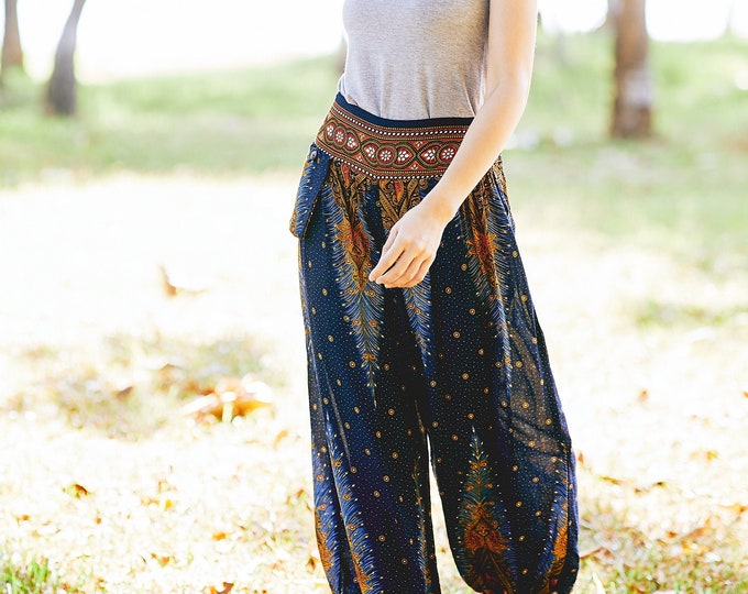 Handmade Rayon Harem Pants: Dark Blue Peacock Print Boho Trousers