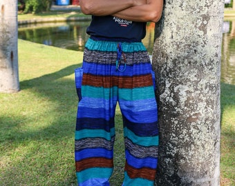 BLUE HAREM PANTS Men Striped Printed Rayon Hippie Pants - Comfy Summer Trousers for Yoga and Festival Wear - Mens Lounge Pants