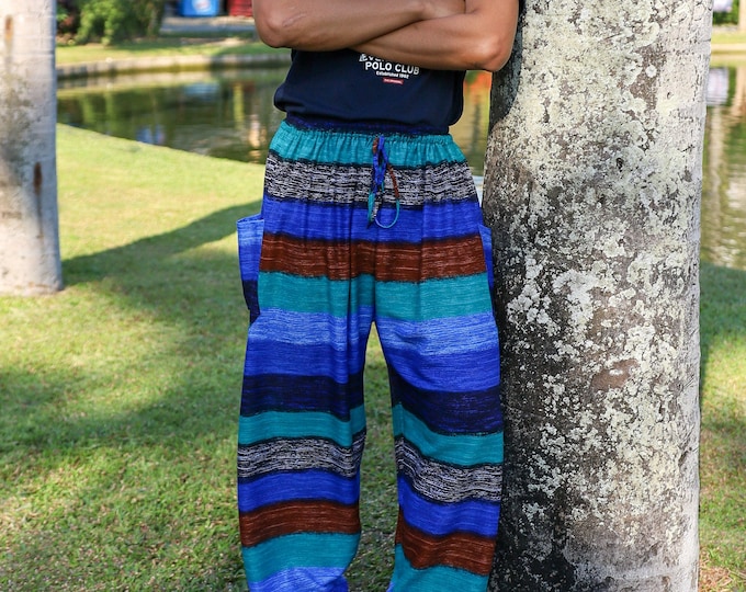 Men's Striped Rayon Harem Pants: Blue Hippie Yoga Trousers - Mens Clothing