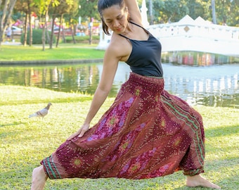 Burgundy Floral Harem Pants: Boho Rayon Aladdin Yoga Loungewear