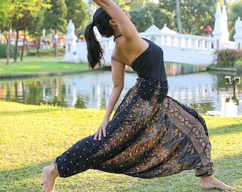 Peacock Print Harem Pants: Boho Rayon Aladdin Yoga Trousers