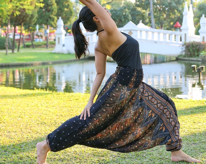 Peacock Print Harem Pants: Boho Rayon Aladdin Yoga Trousers