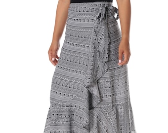 Black Paisley Wrap Midi Skirt: Boho Rayon Summer Dress
