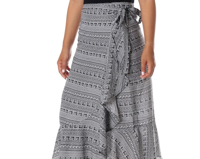 Black Paisley Wrap Midi Skirt: Boho Rayon Summer Dress