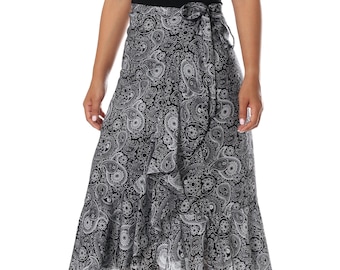 Black Rayon Midi Wrap Skirt: High Waist Boho Hippie Style