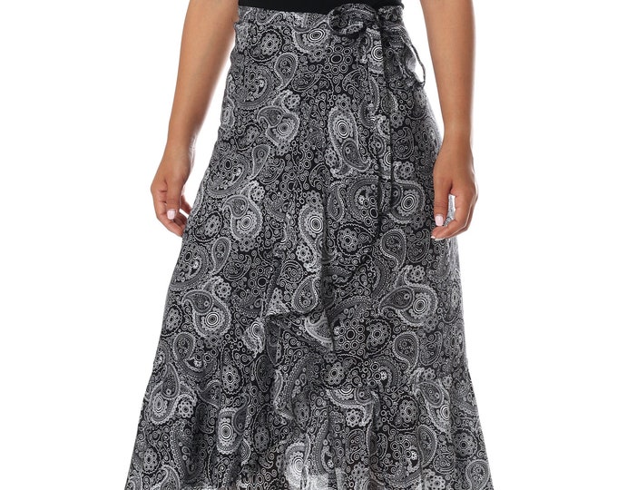 Black Rayon Midi Wrap Skirt: High Waist Boho Hippie Style