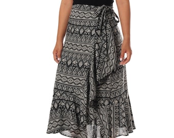 Boho Elephant Print Midi Skirt - High Waisted Rayon Wrap
