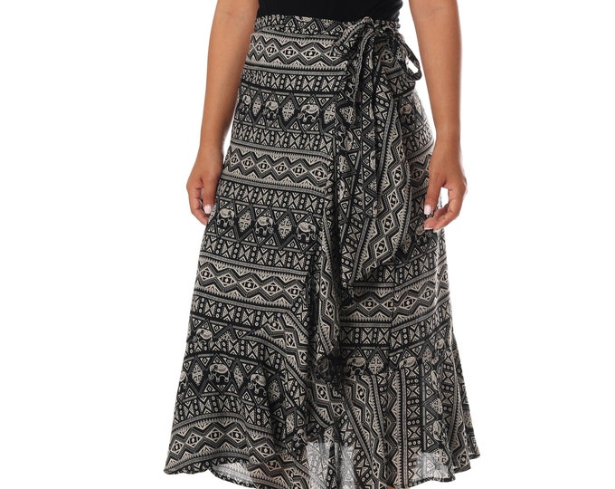 Boho Elephant Print Midi Skirt - High Waisted Rayon Wrap