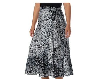 Black Peacock Print Midi Skirt: Boho Rayon Wrap Dress