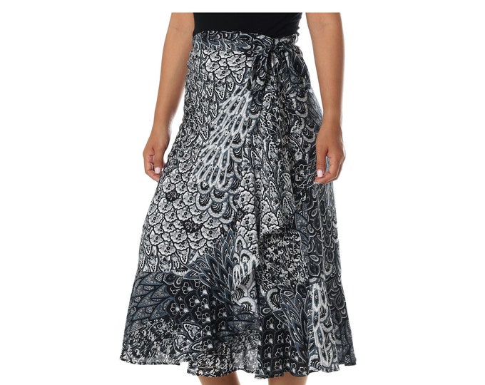 Black Peacock Print Midi Skirt: Boho Rayon Wrap Dress