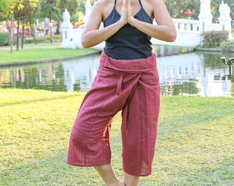 Burgundy Thai Fisherman Pants: Women's Cotton Capri Yoga Trousers