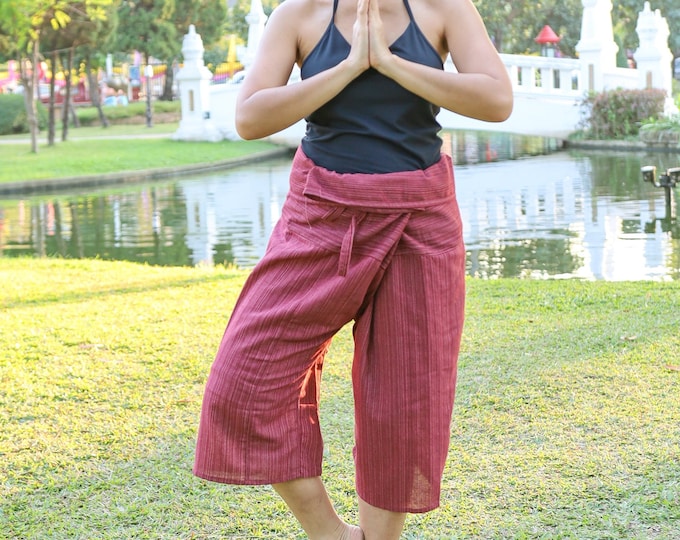 Burgundy Thai Fisherman Pants: Women's Cotton Capri Yoga Trousers