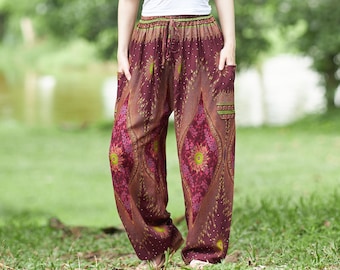 Burgundy Rayon Harem Pants: Boho Festival Style, Plus Size