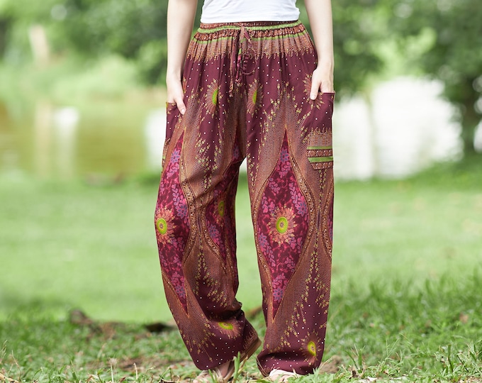 Burgundy Rayon Harem Pants: Boho Festival Style, Plus Size