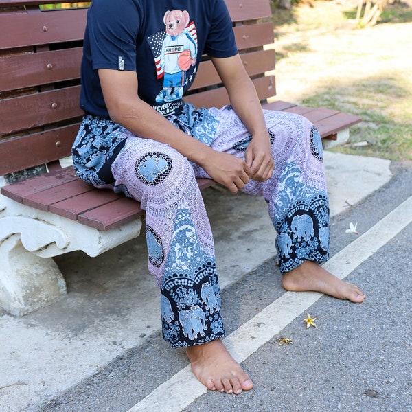 MENS BAGGY PANTS Printed Elephant Lounge Pants - Comfy Mens Boho Trousers - Harem Pants for Yoga Dance Festival Wear