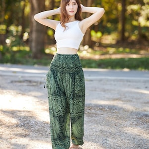Green Floral Harem Pants: Boho Rayon Lounge Trousers