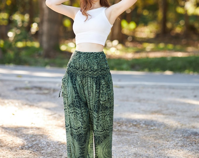 Green Floral Harem Pants: Boho Rayon Lounge Trousers