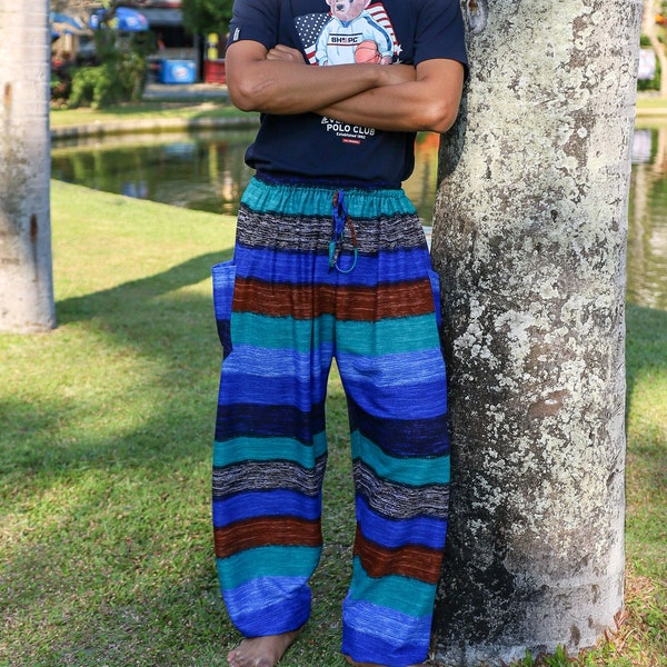 Sarouel bleu - Pantalon hippie en rayonne imprimée à rayures pour hommes - Pantalons d'été confortables pour le yoga et les festivals - Pantalons de détente pour hommes