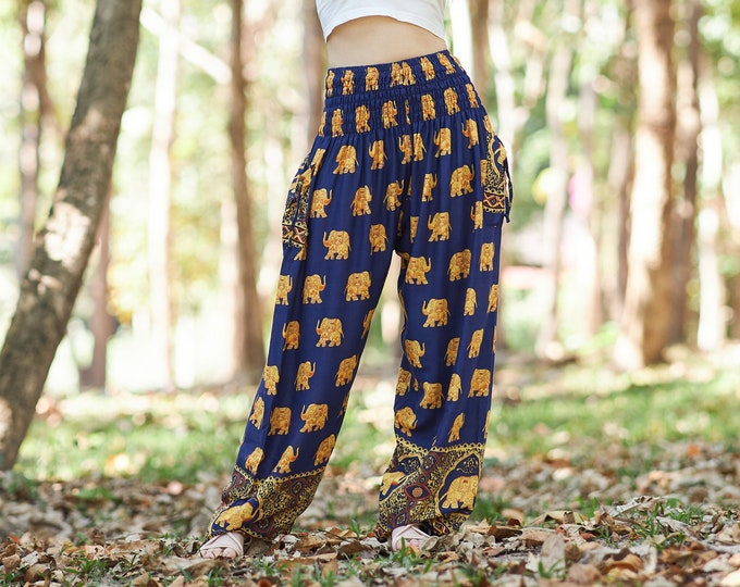 Dark Blue Elephant Harem Pants: Boho Yoga Rayon Trousers with Pockets