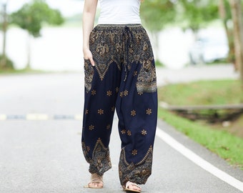 BLUE HAREM PANTS - Petite  Small to Plus Sizes Available - Drawstring Waist Hippie Festival Thai Pants - Bohemian Yoga Pants