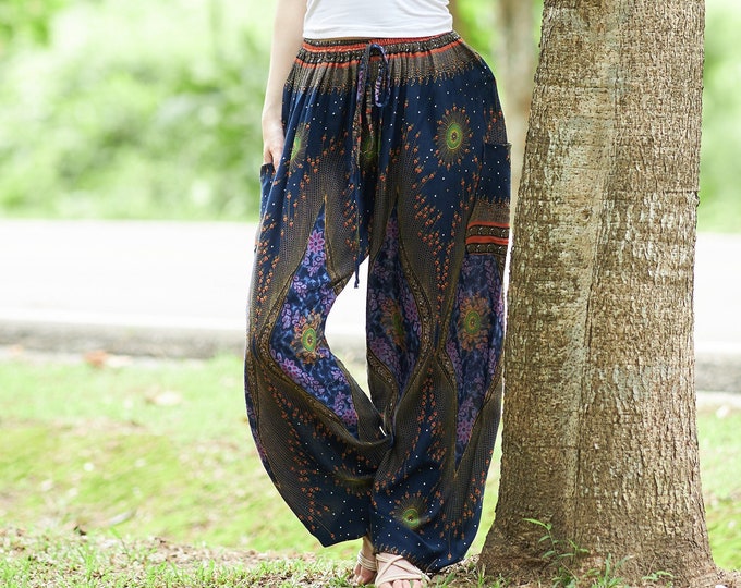 Blue Floral Harem Pants: Rayon Boho Hippie Lounge Wear