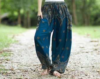 Teal Harem Pants - S M L XL XXL Drawstring Waist - Summer Festival Hippie Pants - Plus Sizes - Bohemian Style - Boho Yoga Trousers