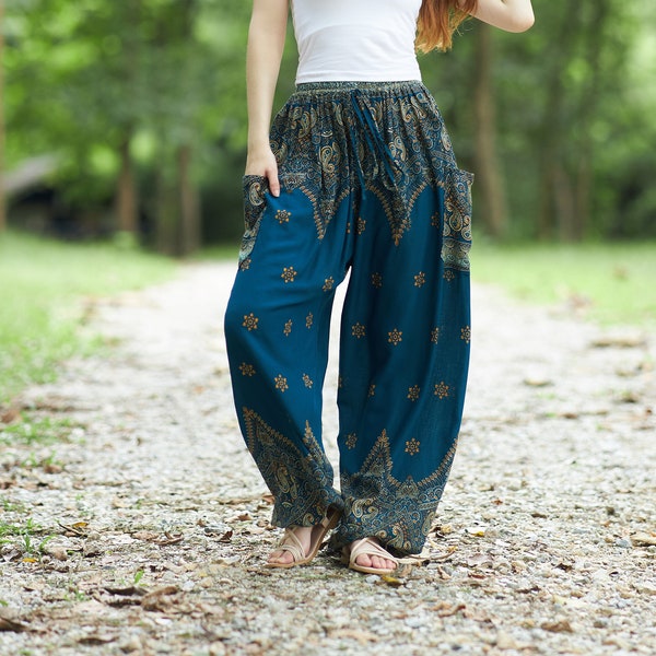 Teal Harem Pants - S M L XL XXL Drawstring Waist - Summer Festival Hippie Pants - Plus Sizes - Bohemian Style - Boho Yoga Trousers