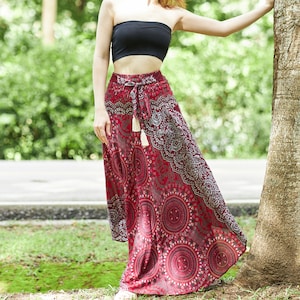 Burgundy Rayon Maxi Skirt: Bohemian Hippie Style Long Skirt