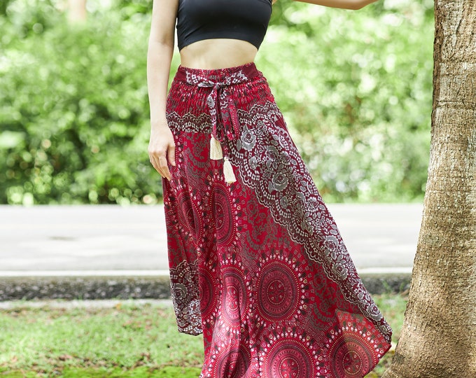 Women Burgundy Rayon Boho Maxi Skirt: Bohemian Hippie Style Dress - Long Skirt & Sundress