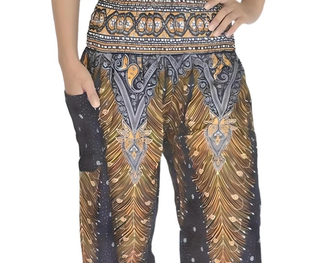 Boho Harem Pants: Smocked Waist Peacock Print Rayon Trousers