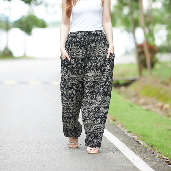 ELEPHANT HAREM PANTS - Hippie Boho Yoga Pants - Bohemian Style Festival Thai Trousers - Drawstring Waist Joggers - Petite to Plus Size