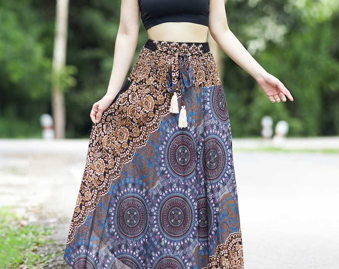 Brown Rayon Maxi Skirt: Bohemian Hippie Style, Plus Size Available