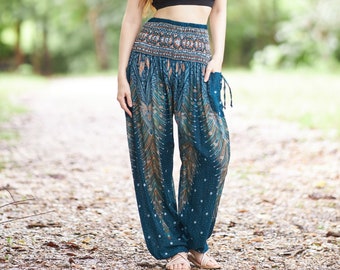 PEACOCK HAREM PANTS Smocked Waist Boho Pants - Hippie Bohemian Style Trousers - Unisex Boho Yoga Pants - Aladdin Balloon Thai Pants