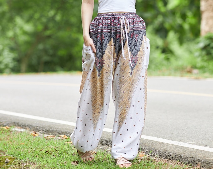 White Peacock Print Rayon Harem Pants - Boho Festival Style