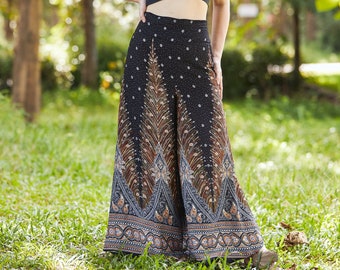 Black Peacock Palazzo Pants: Handmade Rayon Boho Hippie Style