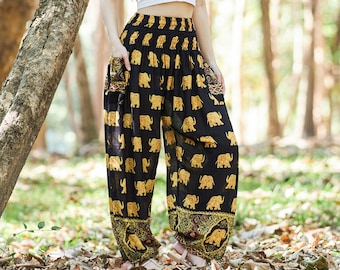 Haremshose Elefanten Muster: Boho Yoga Hose Viskose Hose mit Taschen