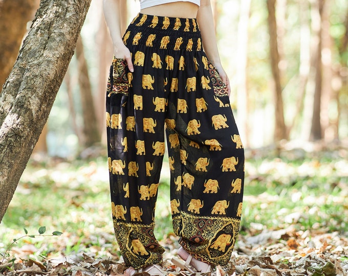 Elephant Print Harem Pants: Boho Yoga Rayon Trousers with Pockets