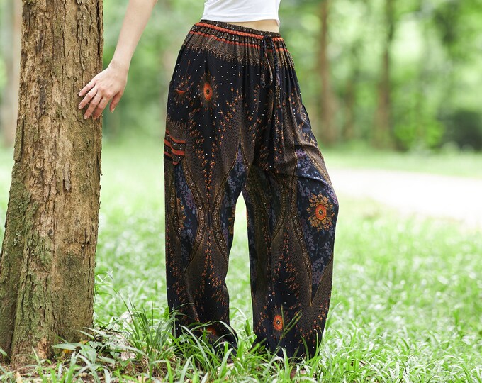 Black Rayon Harem Pants: Boho Festival Style, Plus Size Available