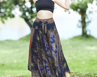 Dark Blue Rayon Maxi Skirt: Bohemian Hippie Style, Plus Size Available