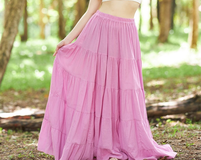 Pink Cotton Ruffle Maxi Skirt: Bohemian Flowy Summer Dress