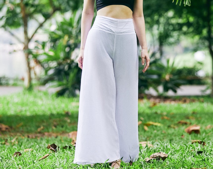 White Rayon Palazzo Pants: Handmade Boho Wide Leg Trousers