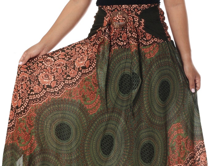 Boho Rayon Maxi Skirt: Mandala Print, Asymmetric Hem