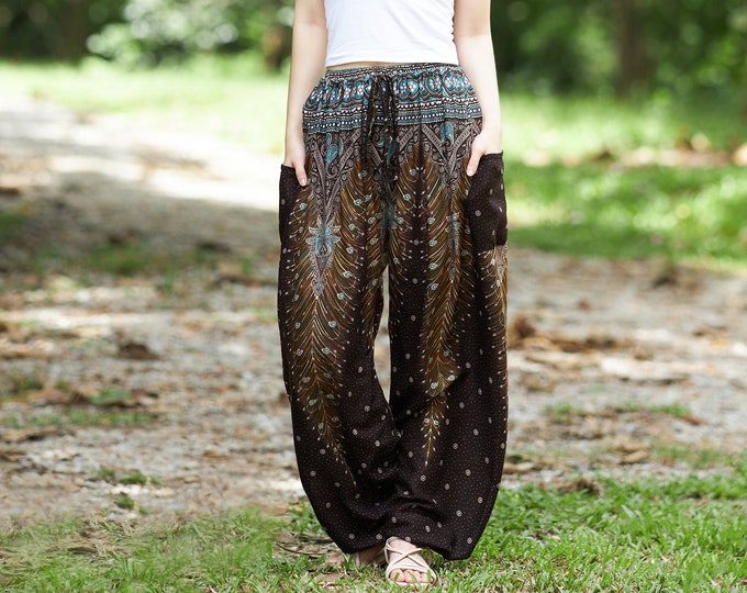 Peacock Print Harem Pants: Brown Rayon Boho Trousers